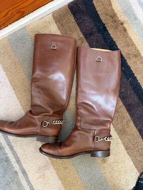 Hugo Boss Brown Leather Riding Boots with Chain Detail